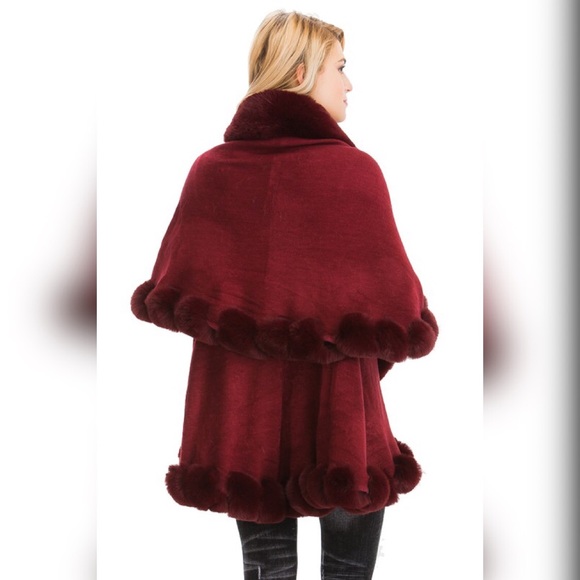 Luxury Burgundy Faux Fur Double Layer Cape Coat - Picture 5 of 13